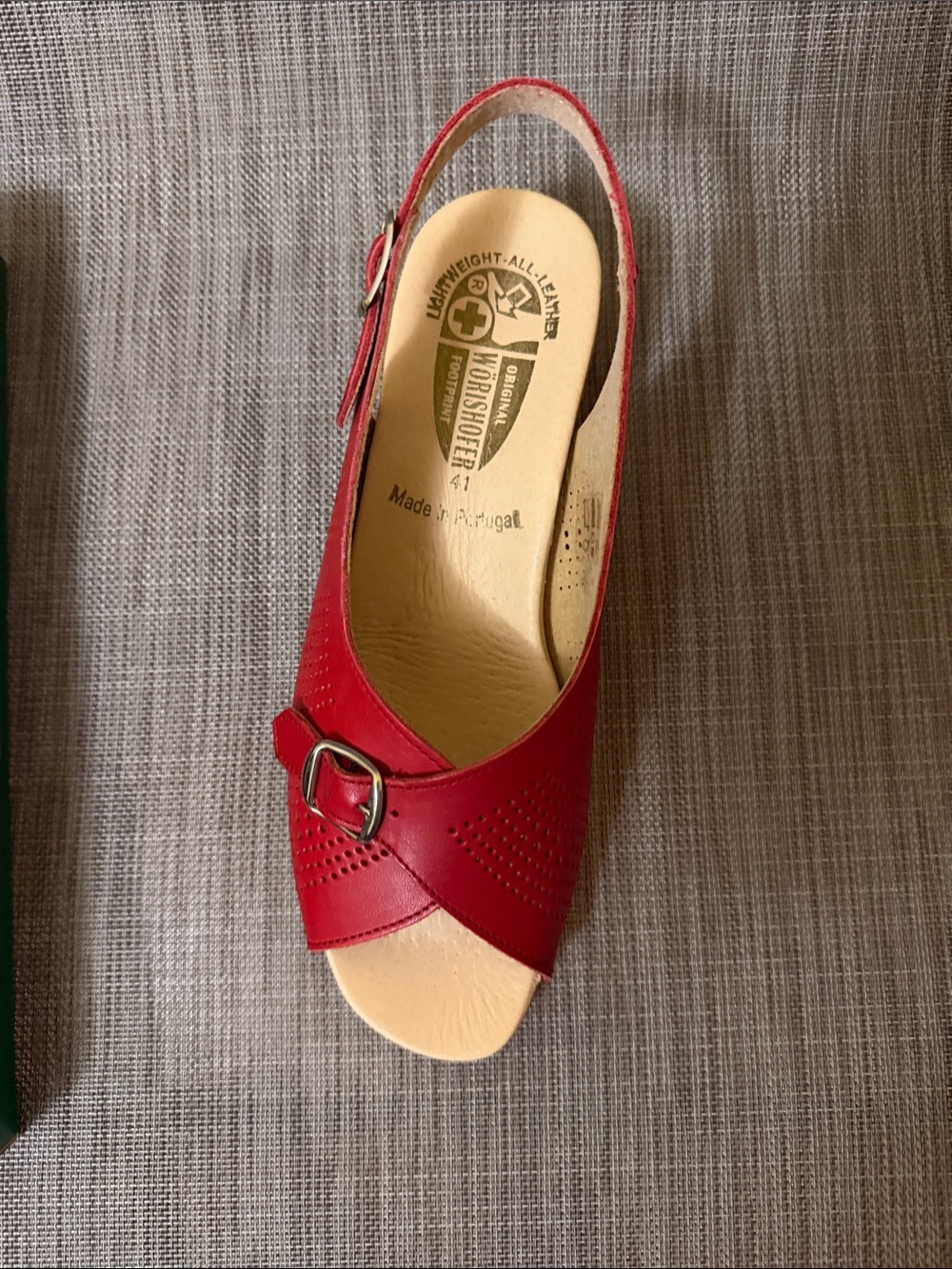 WORISHOFER Red Leather Peep-Toe Slingback Sandal with Buckle